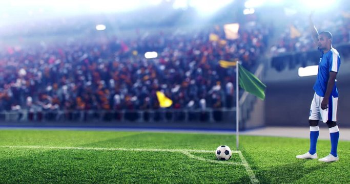 Soccer player is performing corner kick on the professional soccer stadium. The stadium and crowd are made in 3D and animated.