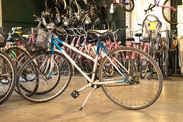 Bicycle in repair shop.Cycles retailer