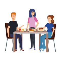 young people eating in table characters