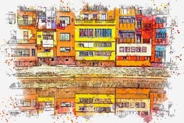 Watercolor sketch or an illustration of a beautiful view of the colorful houses in Girona in Italy. Traditional European architecture