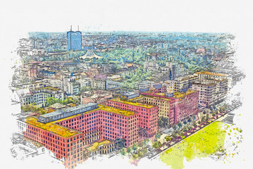 Watercolor sketch or illustration of a beautiful view of the traditional architecture of Berlin. Aerial view of the city