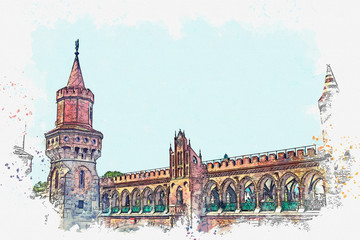 Obraz premium Watercolor sketch or illustration of the beautiful view on the Oberbaum Bridge in Berlin in Germany. City architecture