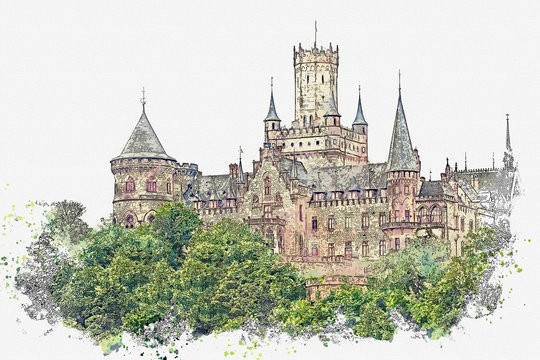 Watercolor sketch or illustration of a beautiful view of Marienburg Castle in Germany. Medieval castle on the hill