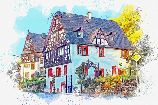 Watercolor sketch or illustration of a beautiful view of the traditional Bavarian architecture in Germany
