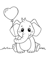 Cute little elephant holding balloon in heart form. Black and white vector illustration for coloring book
