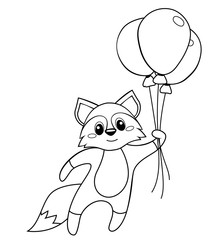 Cute little fox flying with balloons. Black and white vector illustration for coloring book