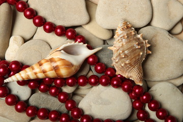 Fototapeta na wymiar maroon beads, shells on the background of sea stones