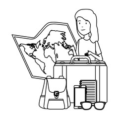 tourist woman with paper map and travel icons