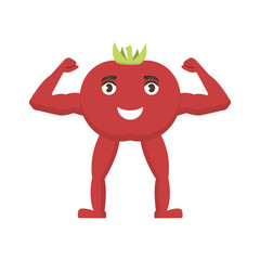 Tomato strong icon, vegetable with happy face, healthy food character in cartoon style