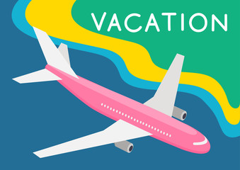 Plane for travel, vacation postcard concept. Vector graphics.