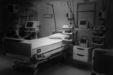 Dramatic black and white. hospital emergency room intensive care. modern equipment, concept of healthy medicine, treatment, inpatient treatment, help services, insurance, diseases, medical reforms