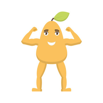 Pear strong icon, fruit with a smile on his face, healthy food character in cartoon style
