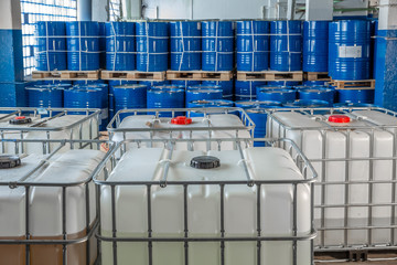 blue barrels in the warehouse on pallets