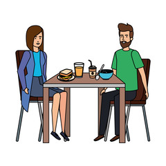 young couple eating in table characters