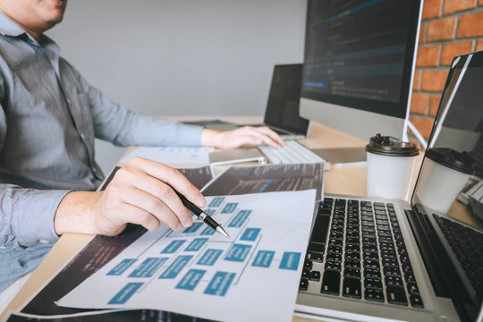 Professional Developer programmer working a software website design and coding technology, writing codes and database in company office, Global cyber connection technology