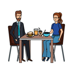 young couple eating in table characters