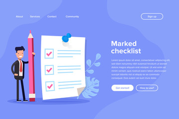 Positive business man with a giant pencil nearby marked checklist on a paper. Successful completion of business tasks. Bsuiness brief, office life. Flat vector illustration.