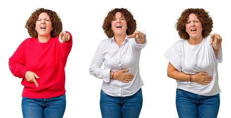 Collage of middle age senior woman over white isolated background Laughing of you, pointing to the camera with finger hand over chest, shame expression