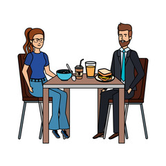 young couple eating in table characters