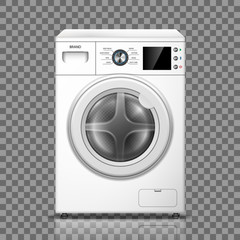 Realistic washing machine isolated on transparent background. White washer front view. Modern washing machine mockup or home appliances. vector illustration