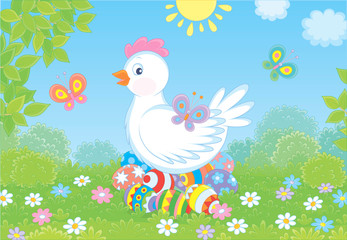 Cute white hen sitting on colored Easter eggs on green grass among flowers and flittering butterflies on a sunny spring day, vector illustration in a cartoon style