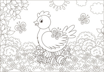 Fototapeta na wymiar Cute hen sitting on colored Easter eggs on grass among flowers and flittering butterflies on a sunny spring day, black and white vector illustration in a cartoon style for a coloring book