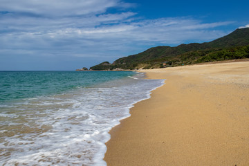 perfect tropical white sandy beach and turquoise clear ocean water