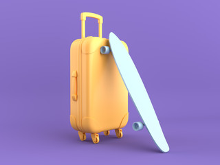 3d render, yellow travel suitcase with blue longboard isolated, minimal fashion on a violet background, blank space, pastel colors