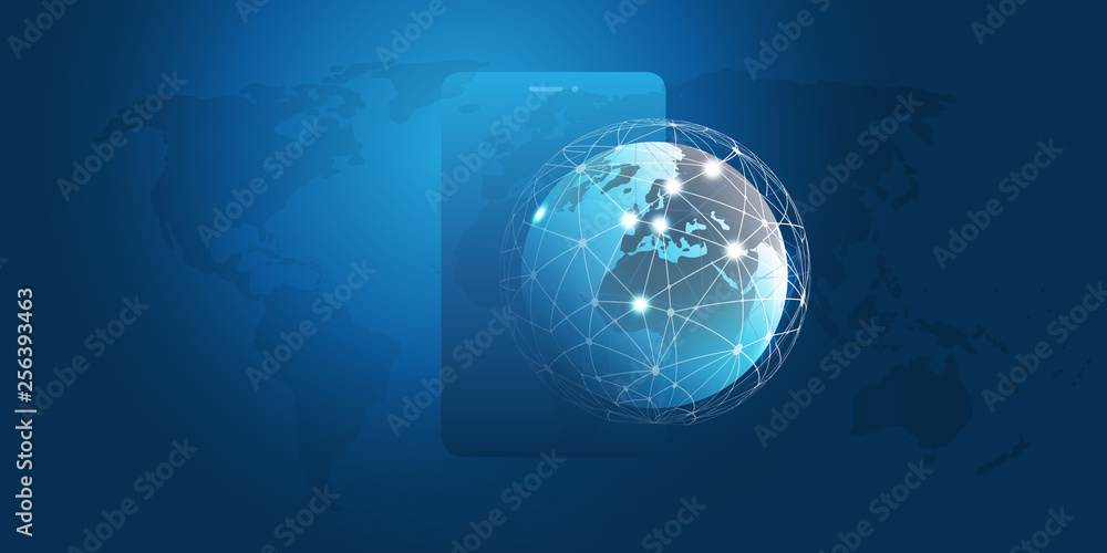Poster global networks design with network mesh, earth globe and smartphone silhouette - vector template fo