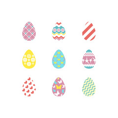 Set of colorful happy easter eggs silhouettes on white background with different ornaments and texture. Egg icons in coral, yellow, turquoise, pink colours. Vector illustration.