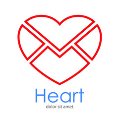 Logotipo abstracto con texto Heart con corazón como sobre postal lineal en color rojo