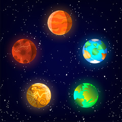 Obraz na płótnie Canvas 5 planets in space with stars on background. Design for web, games, poster, wallpaper and for other uses