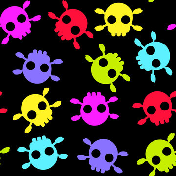 Colored skulls on black background, seamless pattern, vector