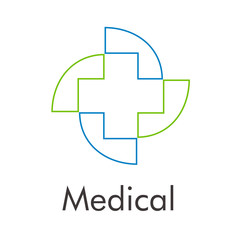 Obraz premium Logotipo abstracto con texto Medical con cruz lineal sobre curvas en verde y azul