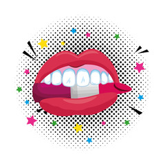 female mouth biting lipstick
