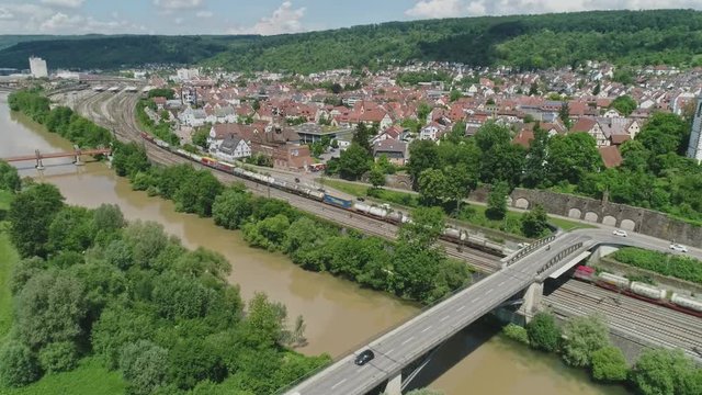 Germany - Drone flight over river Neckar and city Plochingen