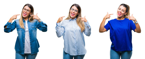 Collage of young beautiful woman wearing glasses over isolated background smiling confident showing and pointing with fingers teeth and mouth. Health concept.