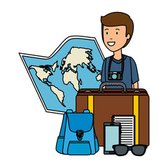 tourist man with paper map and travel icons