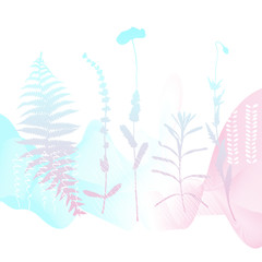Abstract floral botanical background. Realistic herbs, flowers, plants in pastel colors with doodles , texture and gradient ribbon in pastel colors on white background.