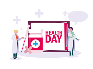 world health day card with doctors men