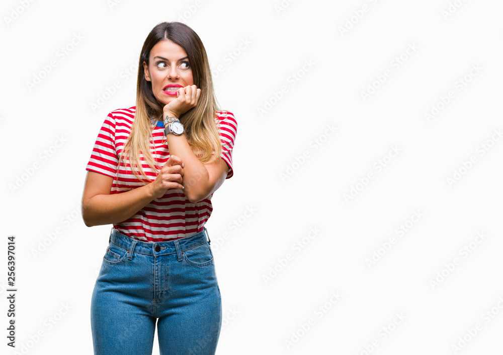 Canvas Prints Young beautiful woman casual look over isolated background looking stressed and nervous with hands on mouth biting nails. Anxiety problem.