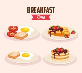 set delicious fried egg with waffles and pancakes