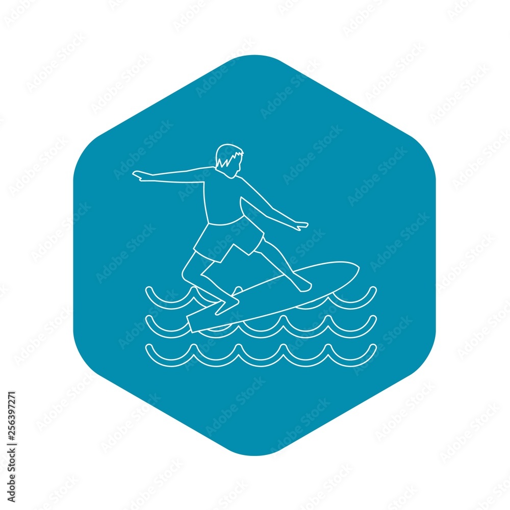 Poster man with surfboard icon. outline illustration of man with surfboard vector icon for web