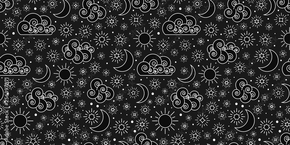 Wall mural doodle pattern sky seamless pattern with stars clouds sun and moon