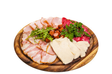 ingredient for pizza (salmon, bacon, pork, meat, sausage, salami and chicken) on wooden round board  isolated on white background