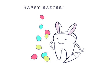 Smiling cartoon tooth with colorful Easter eggs and in a costume with bunny ears. Vector easter illustration for dentistry.