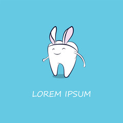 Smiling cartoon tooth in a costume with bunny ears. Festive character for greeting with Easter holidays in dentistry.