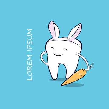A funny cartoon tooth with carrot and bunny ears. Vector easter illustration for dentistry.