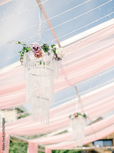Table setting at a luxury wedding reception. Outdoor wedding