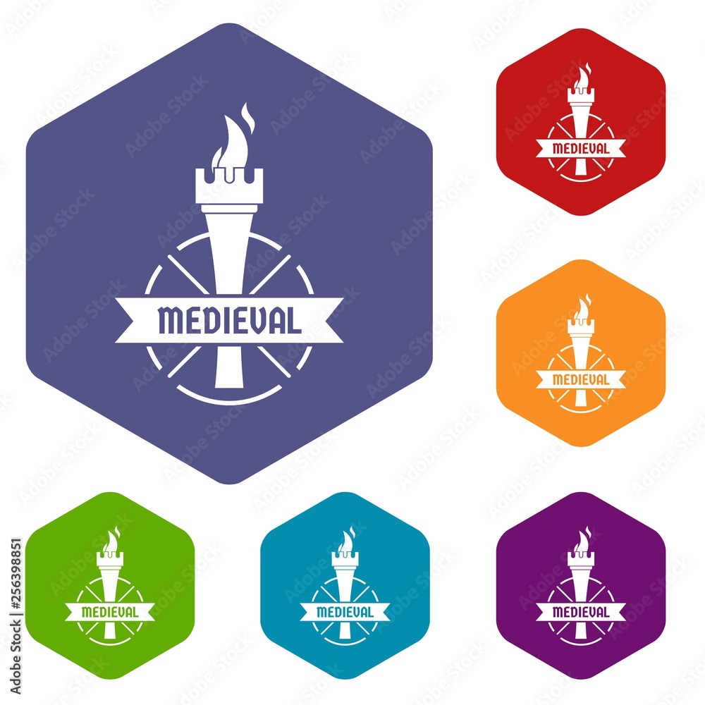 Poster torch icons vector colorful hexahedron set collection isolated on white